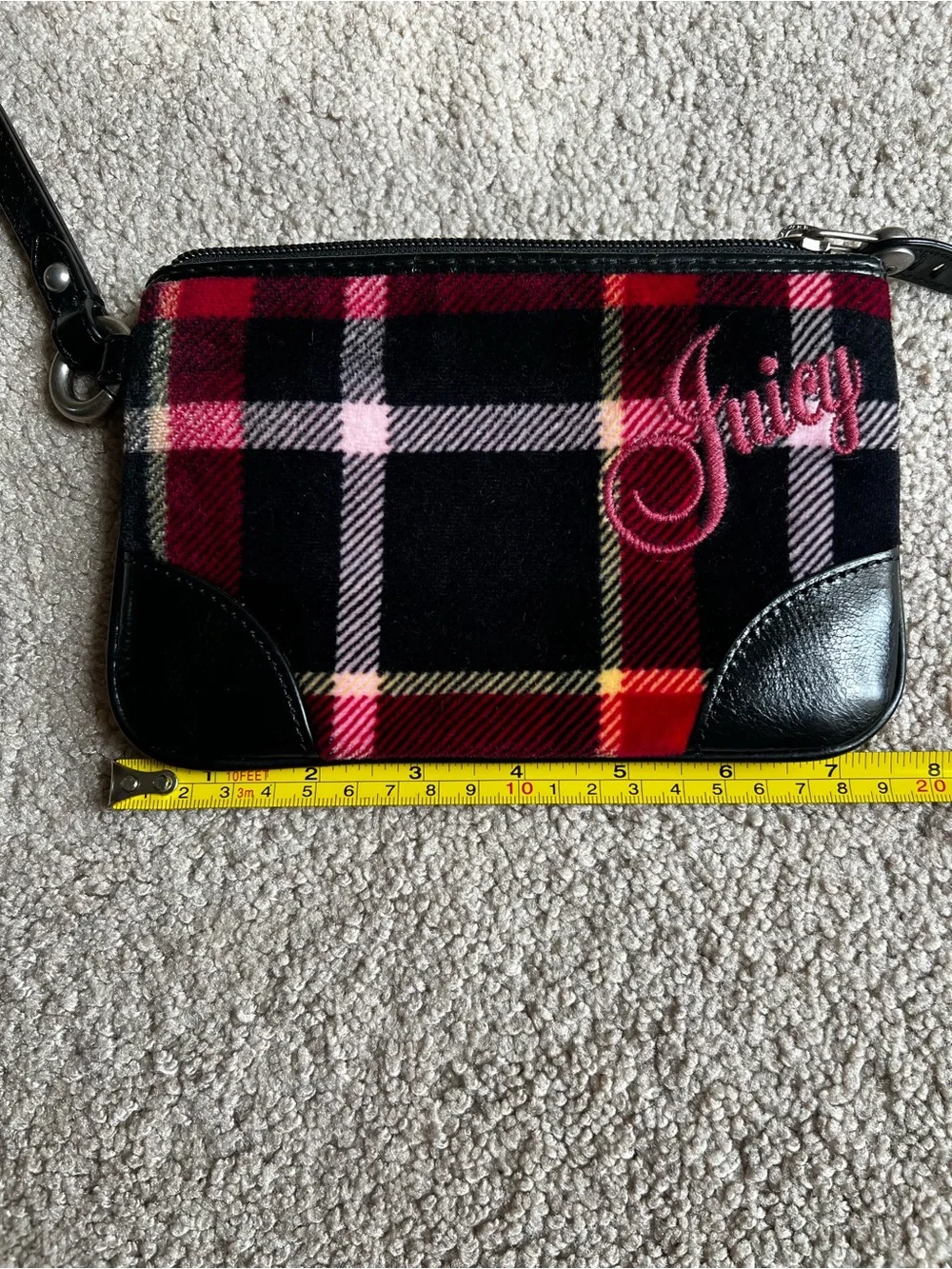 Juicy Couture Black Plaid Wristlet with Pink Embroidery